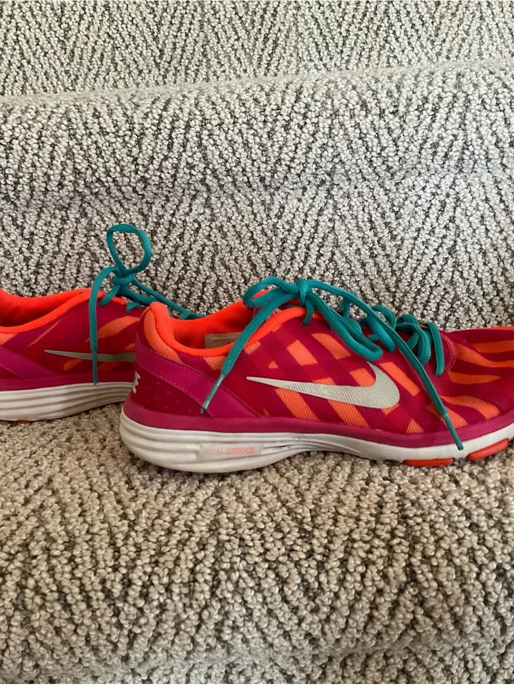 Nike Pink and Orange Women's Running Shoes with Teal Laces